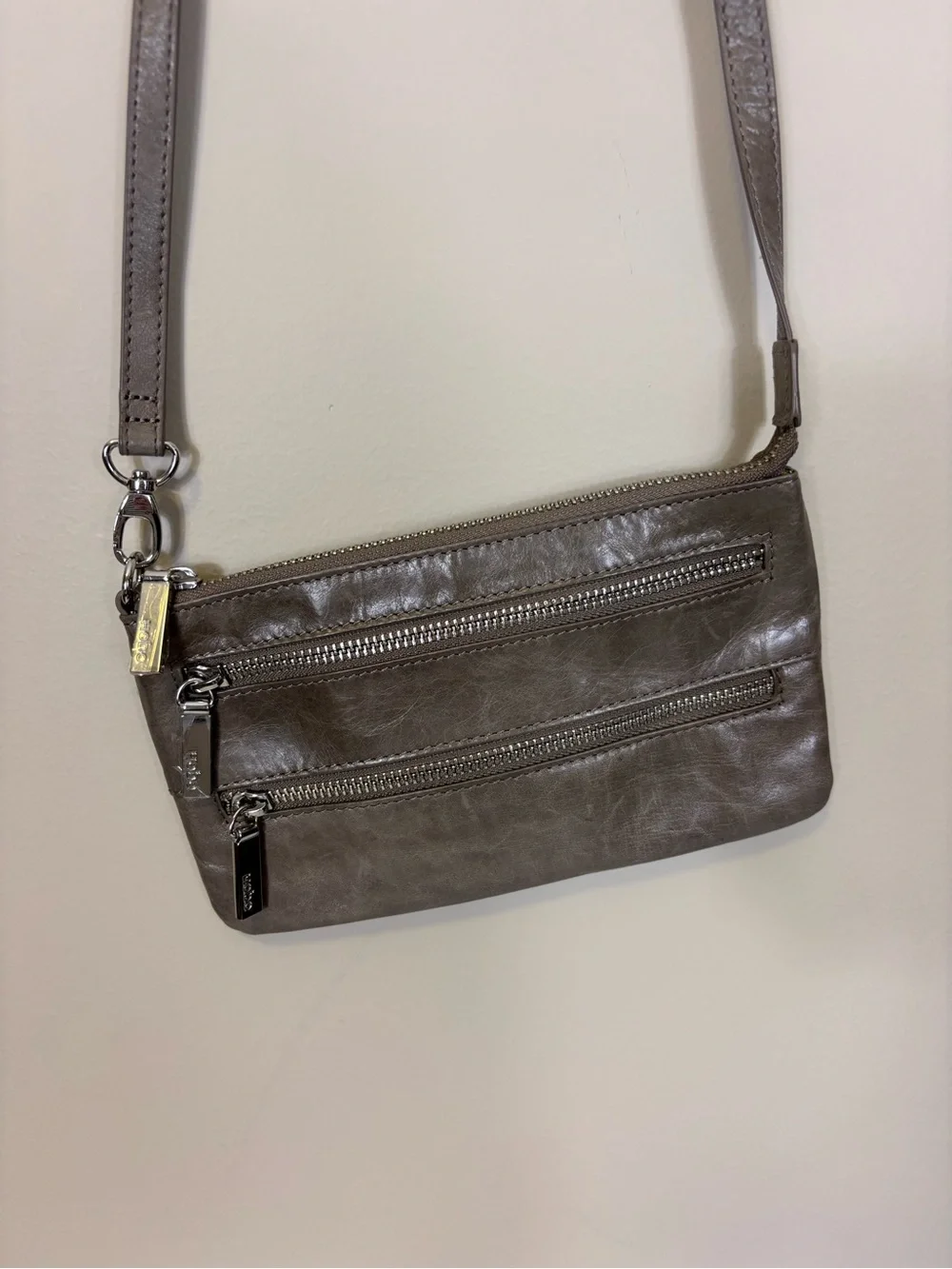 HOBO Gray Leather Crossbody & Shoulder Purse with Dual Zip Pockets on front